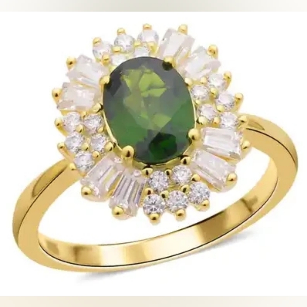 Chrome Diopside Moissanite Halo Ring in Vermeil Yellow Gold Over Sterling Silver
